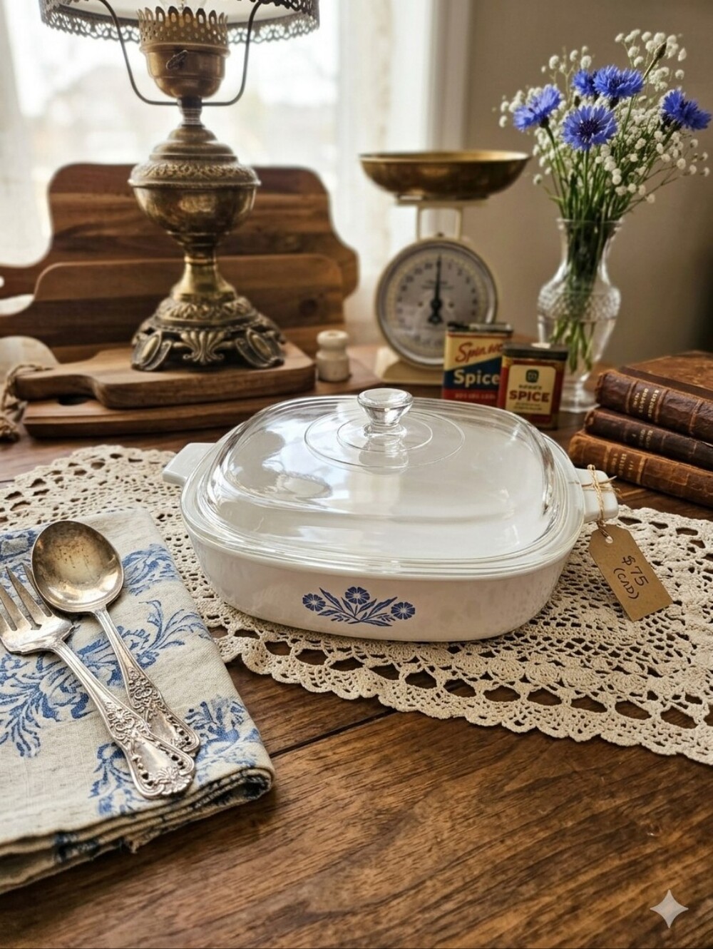 Vintage 1960s CorningWare Blue Cornflower 9" Square Baking Dish with Lid